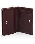 Expandable leather business card holder, brown, open