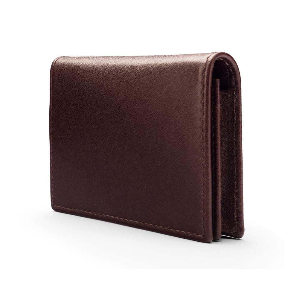 Expandable leather business card holder, brown, side
