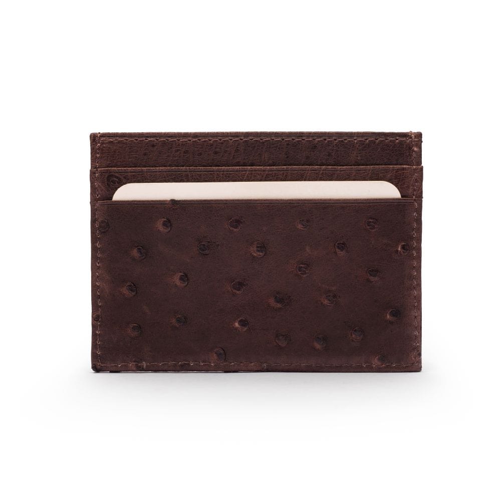 Flat ostrich leather credit card case, brown ostrich leather, front