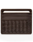 Flat woven leather card holder, brown, front
