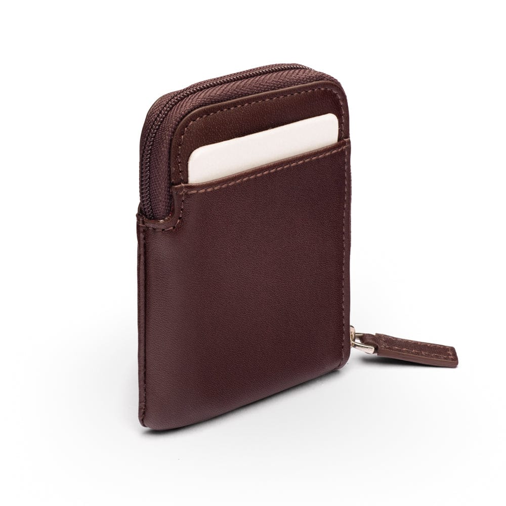 Leather card case with zip, brown, back