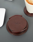 Leather drink coasters, set of 6, brown, lifestyle view