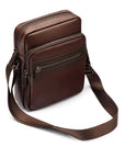 Leather messenger bag with zip, brown, side view