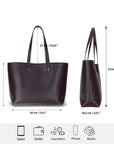 Leather tote bag, brown, features and dimensions