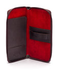 Leather zip around triple pen case, brown, open