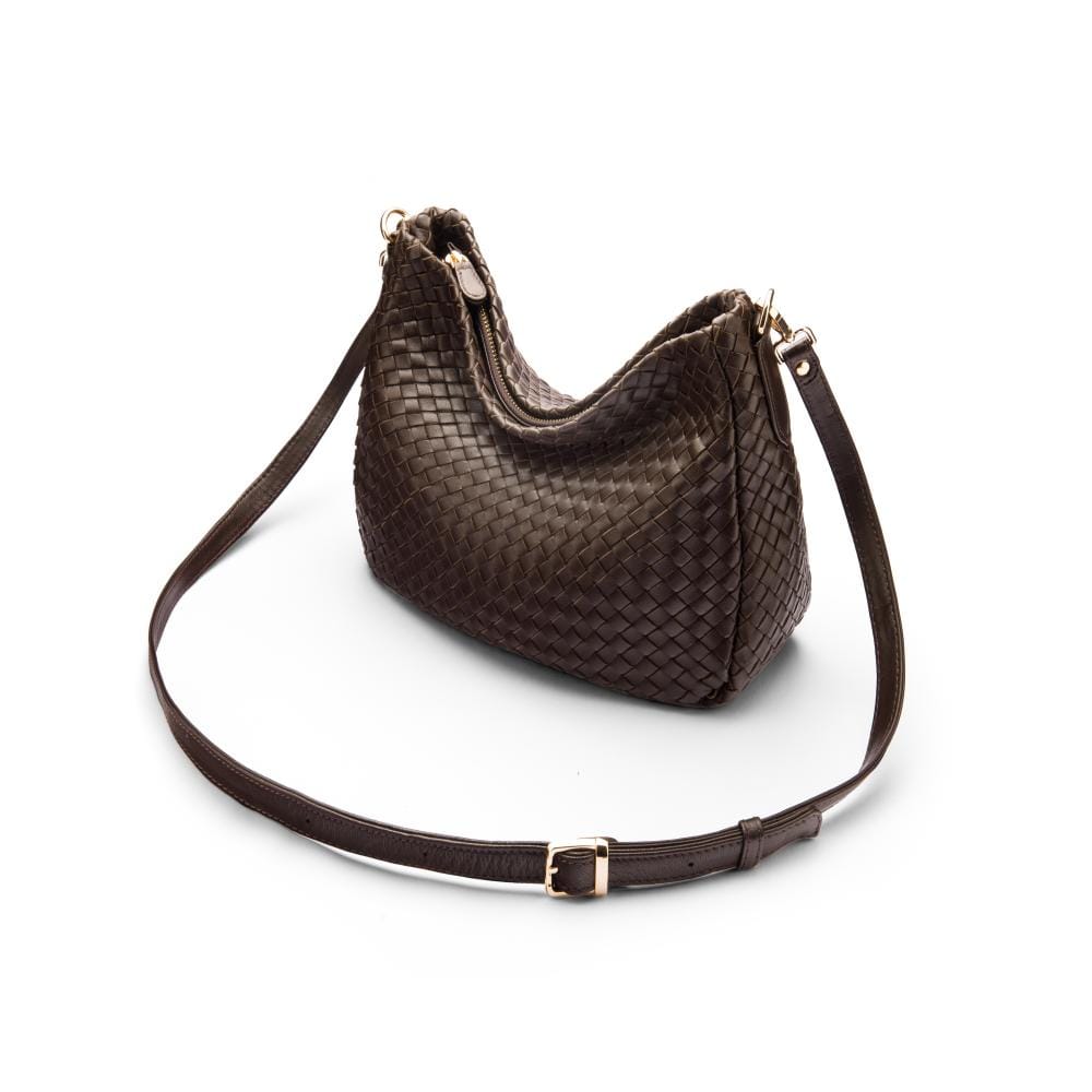 Melissa slouchy leather woven bag with zip closure, brown, with detachable shoulder strap