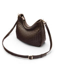 Melissa slouchy leather woven bag with zip closure, brown, with detachable shoulder strap