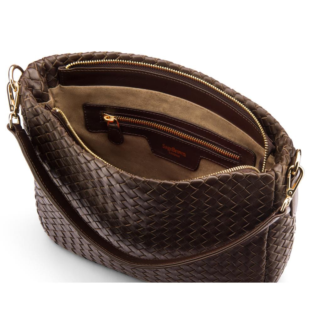 Melissa slouchy leather woven bag with zip closure, brown, inside