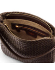 Melissa slouchy leather woven bag with zip closure, brown, inside