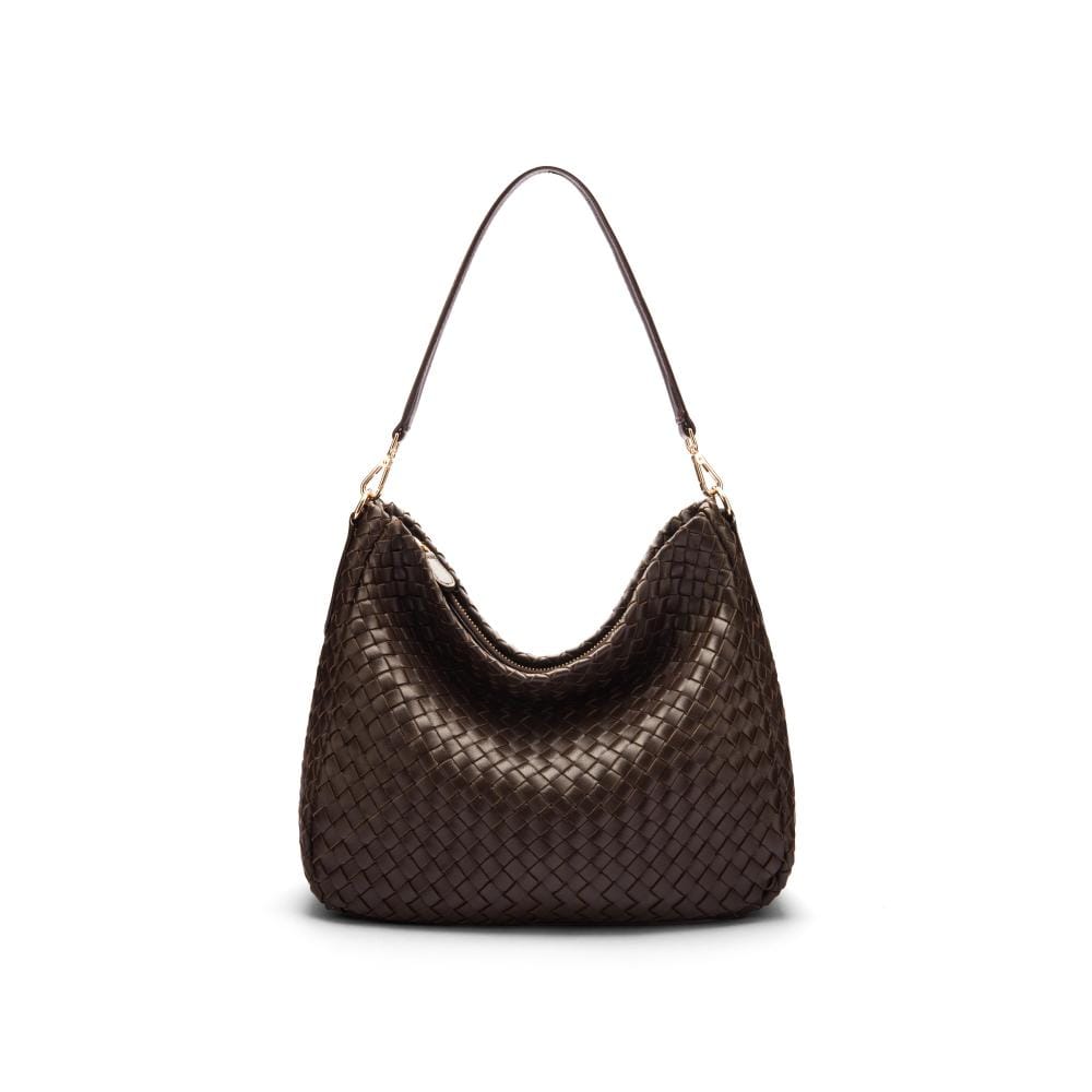 Melissa slouchy leather woven bag with zip closure, brown, front