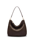 Melissa slouchy leather woven bag with zip closure, brown, front