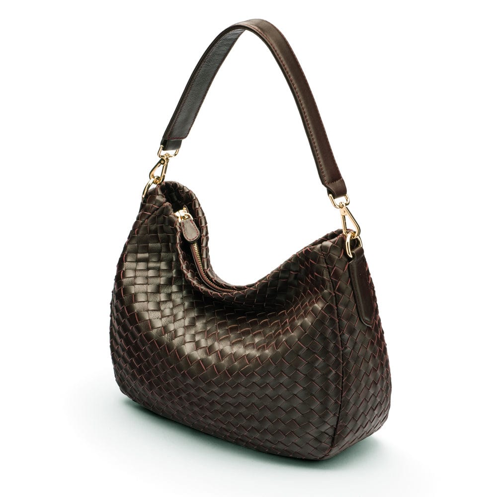 Melissa slouchy leather woven bag with zip closure, brown ,side