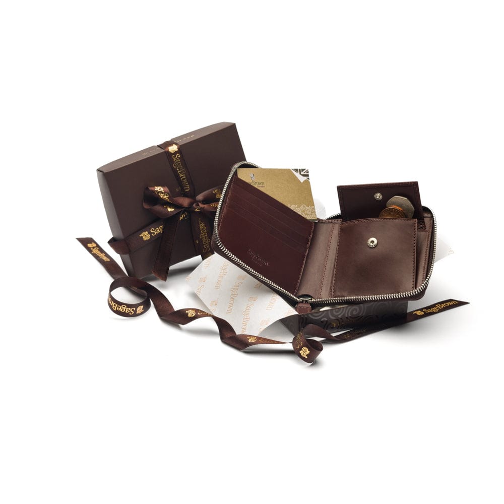 Men's leather zip wallet with coin purse, brown, lifestyle 2