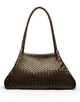 Midi woven leather bag, brown, trapeze shape