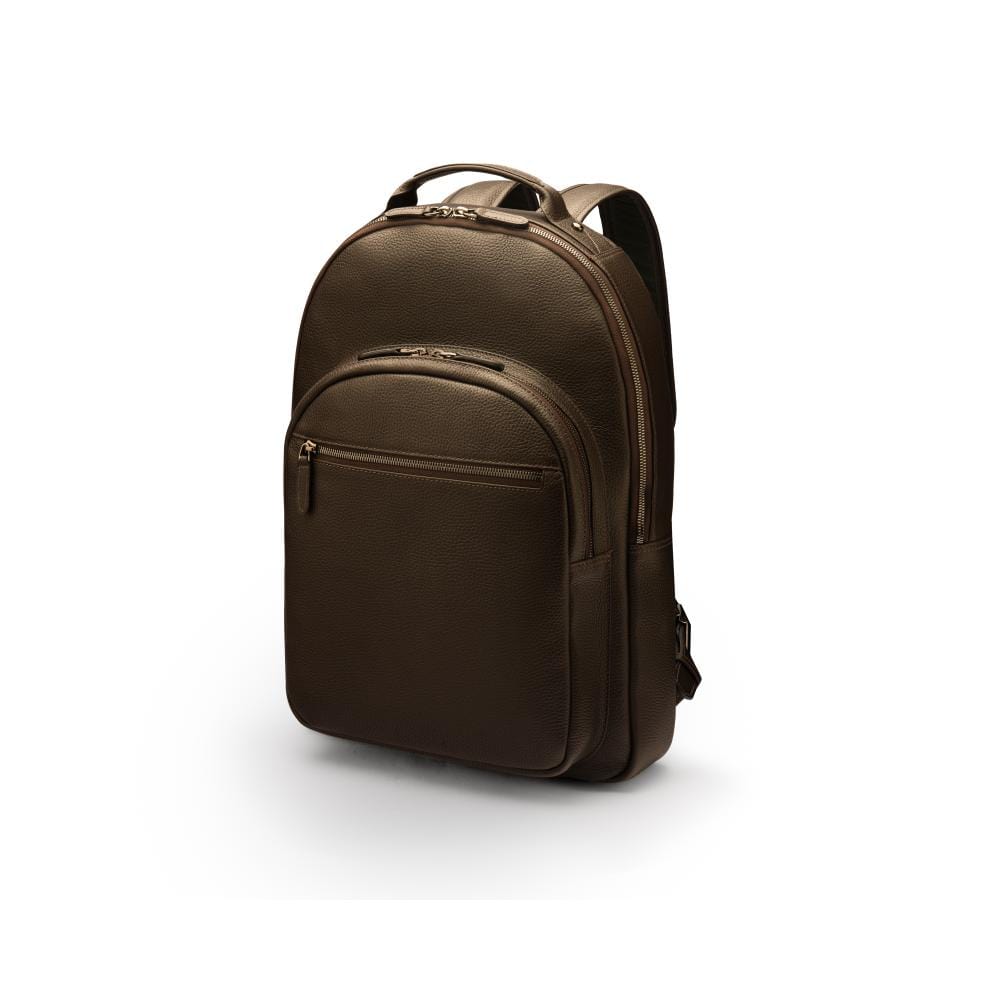 Men's leather 15" laptop backpack, brown pebble grain with gunmetal zips, side