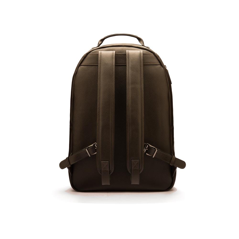Men's leather 15" laptop backpack, brown pebble grain with gunmetal zips, back