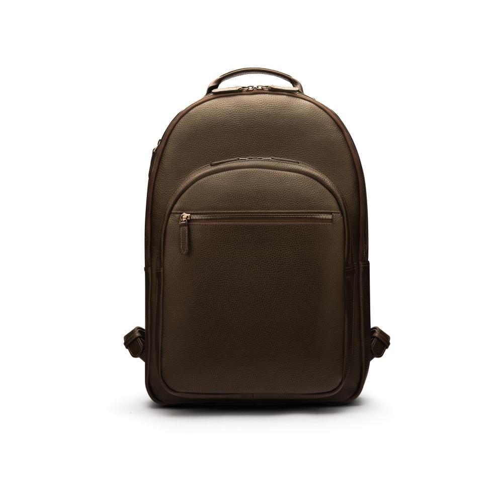 Men's leather 15" laptop backpack, brown pebble grain with gunmetal zips, front