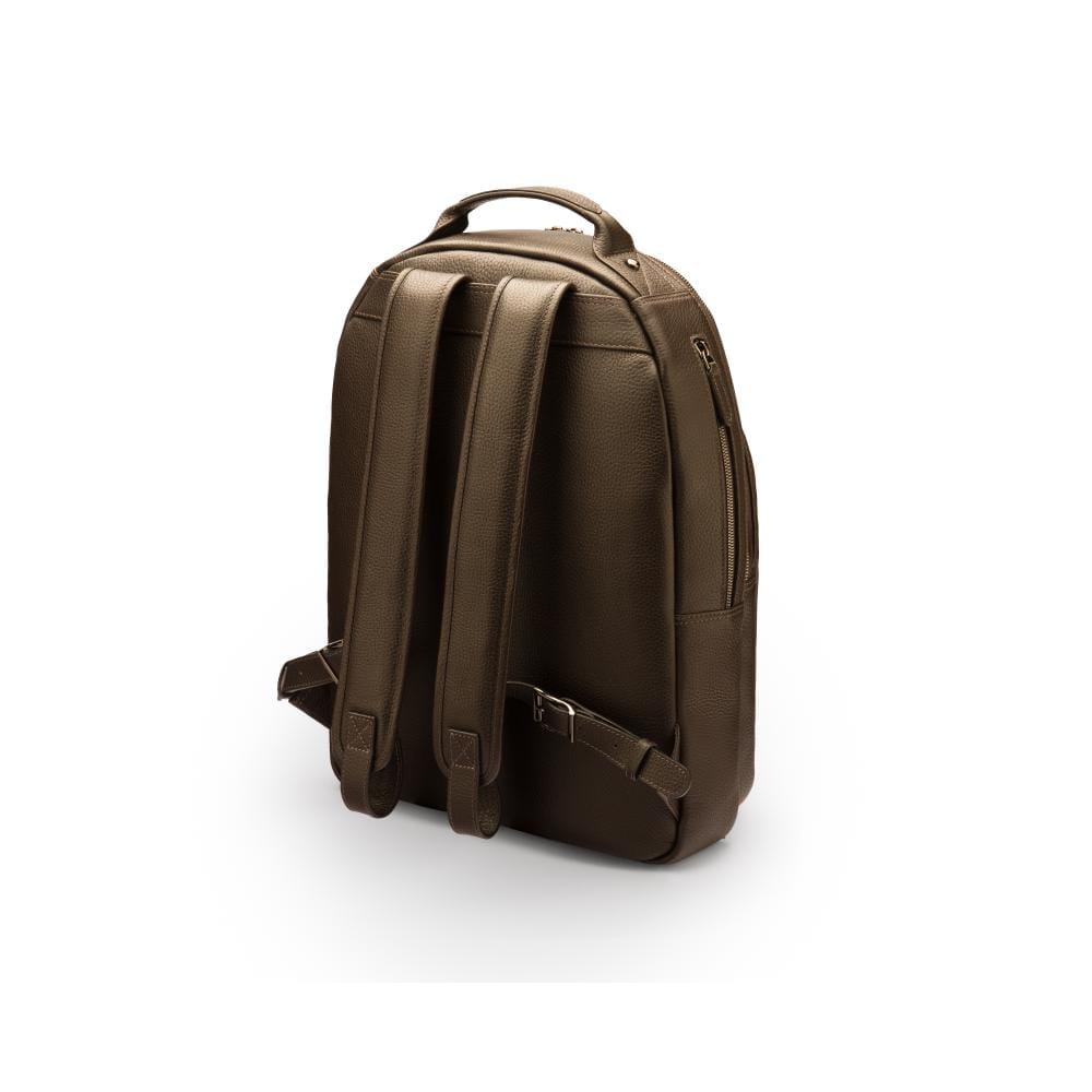 Men's leather 15" laptop backpack, brown pebble grain with gunmetal zips, back