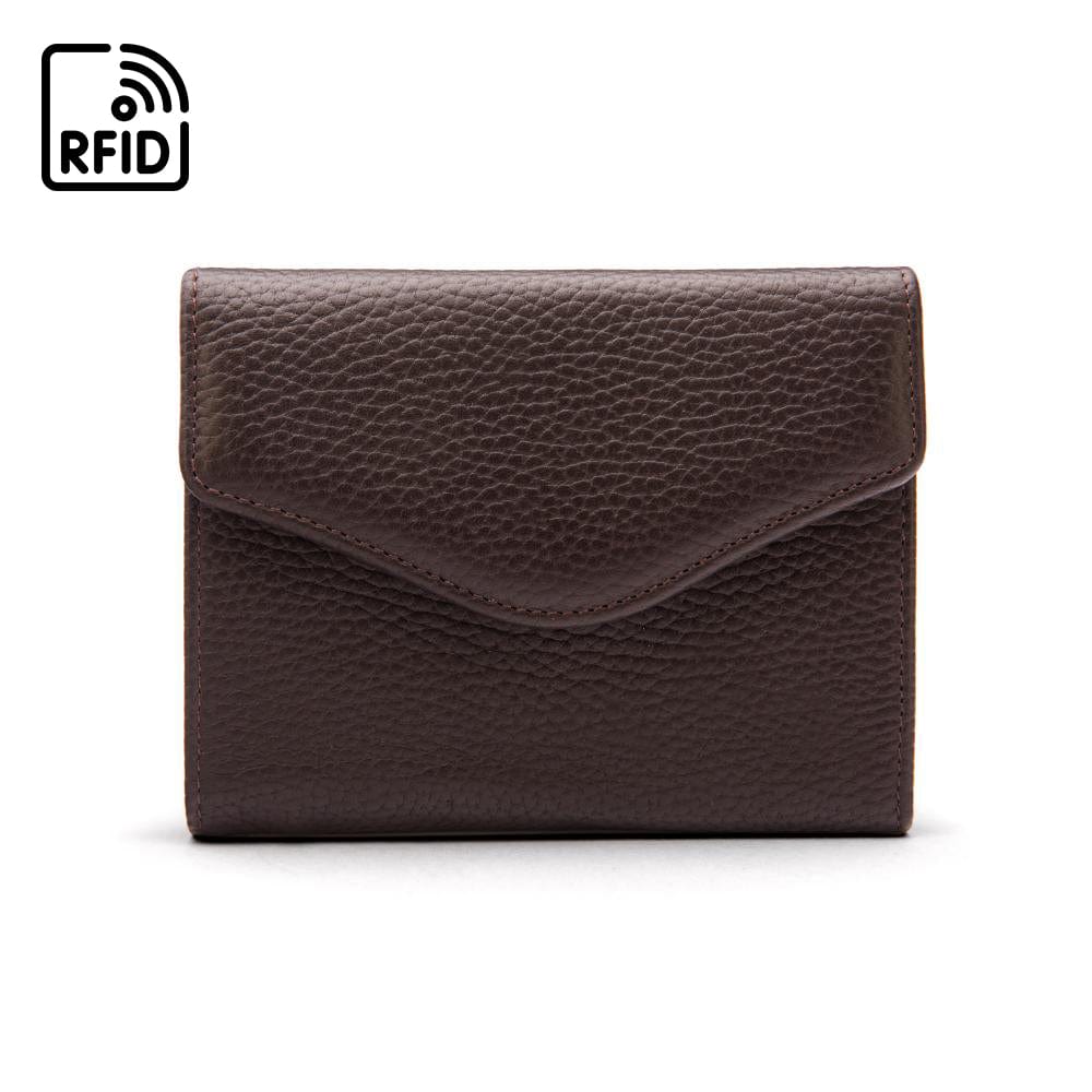 RFID Large leather purse with 15 CC, brown, front