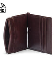 Leather money clip wallet with coin purse, brown, open