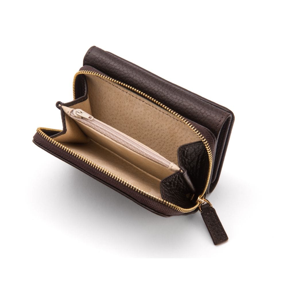 RFID blocking leather tri-fold purse, brown, open