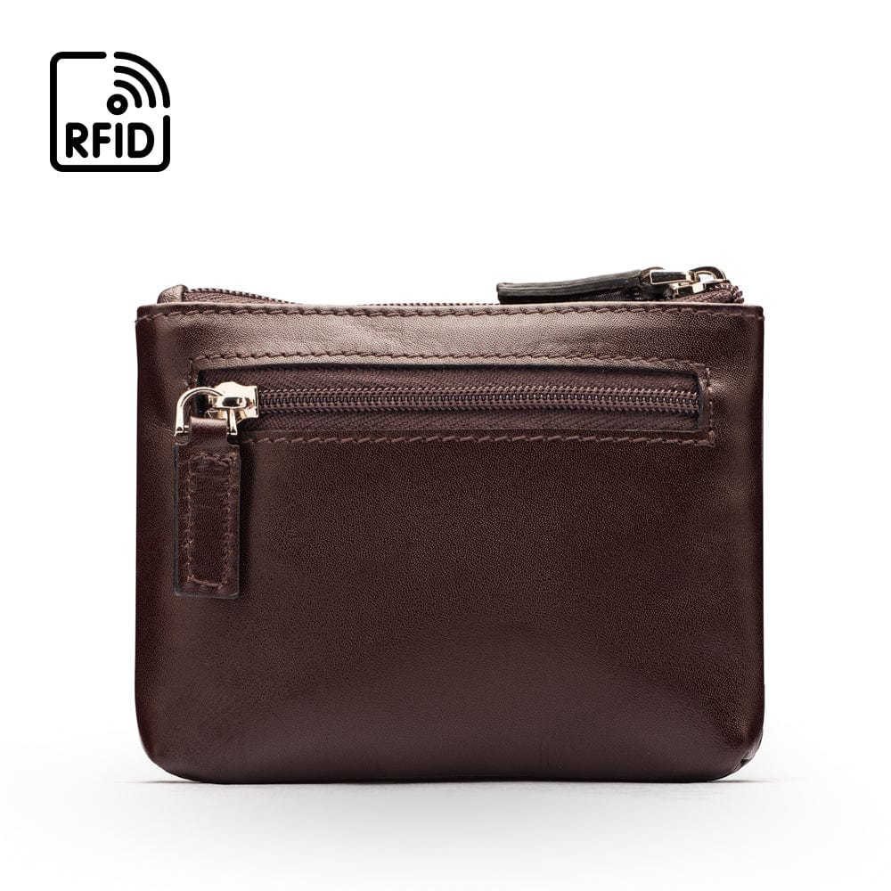 RFID Small leather zip coin pouch, brown, front view