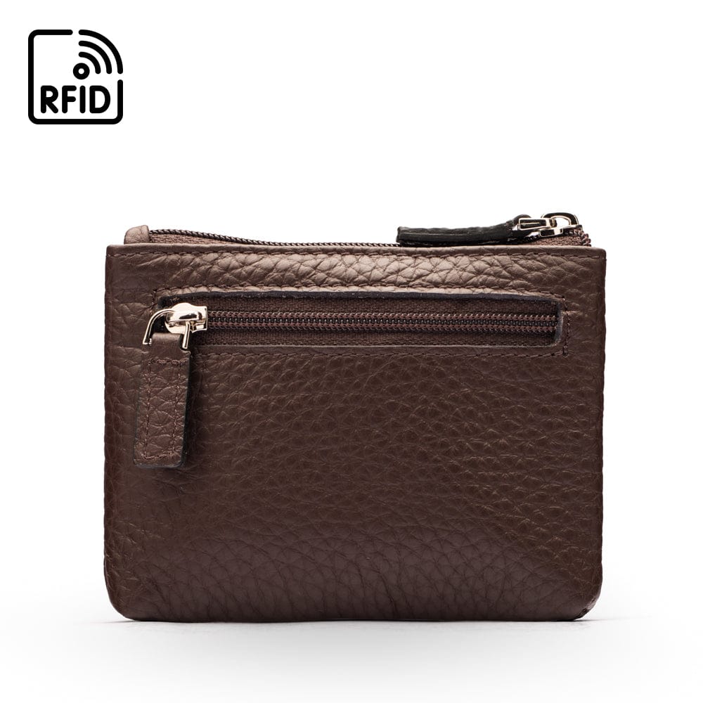 RFID Small leather zip coin pouch, brown pebble grain, front view