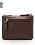 RFID Small leather zip coin pouch, brown pebble grain, front view