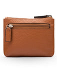 RFID Small leather zip coin pouch, tan pebble grain, front