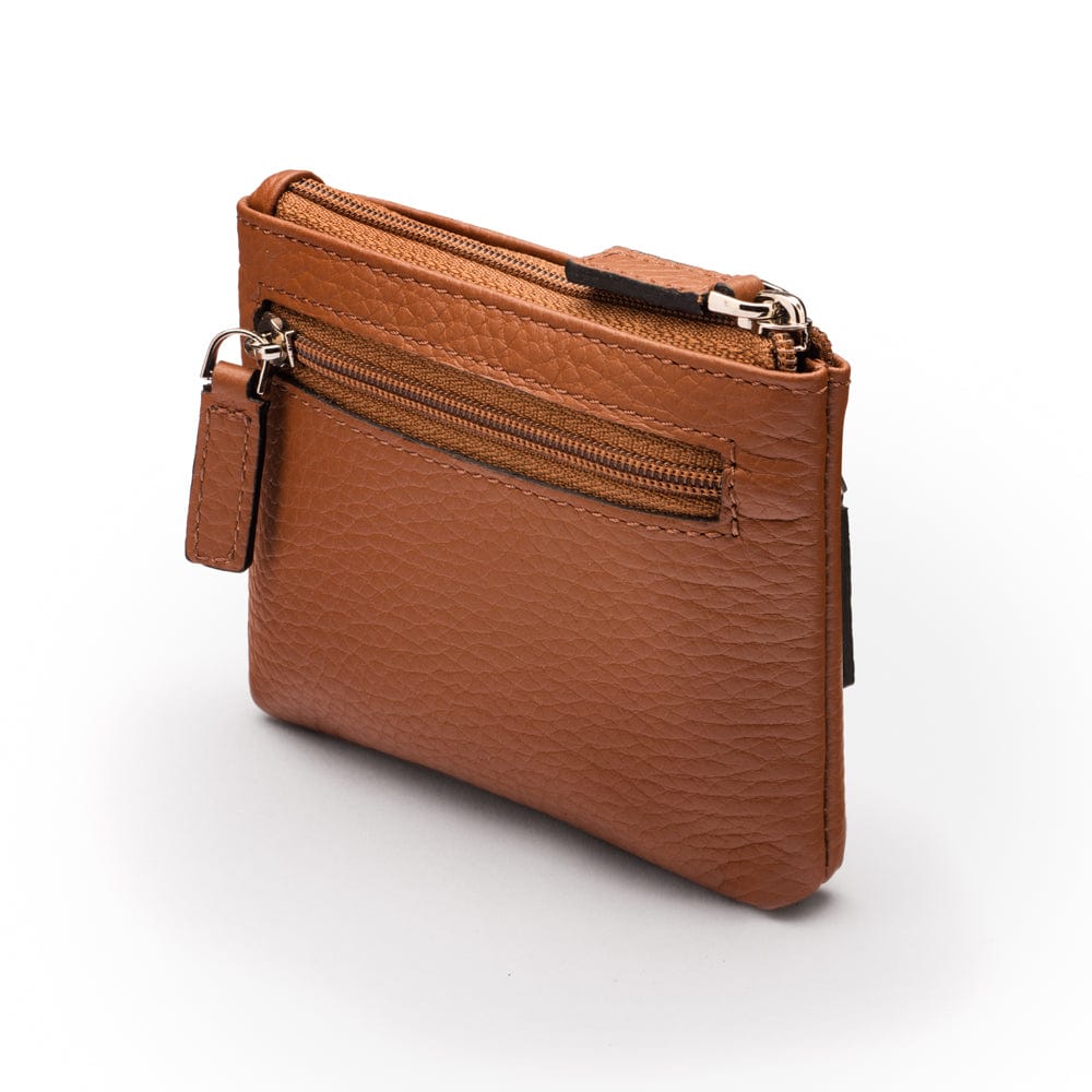 RFID Small leather zip coin pouch, tan pebble grain, front side