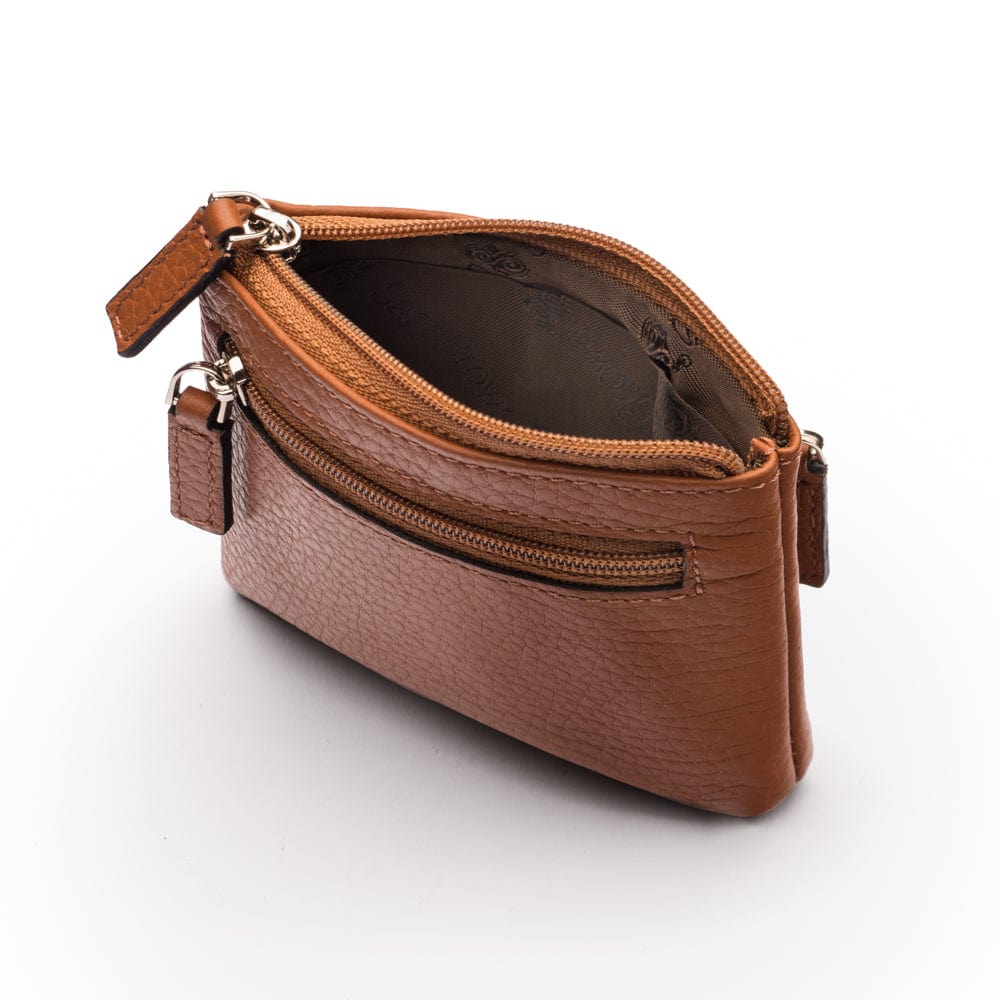 RFID Small leather zip coin pouch, tan pebble grain, inside
