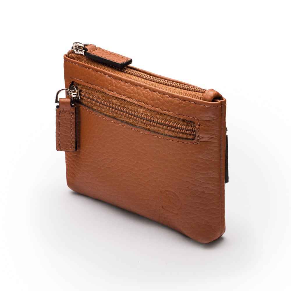 RFID Small leather zip coin pouch, tan pebble grain, back