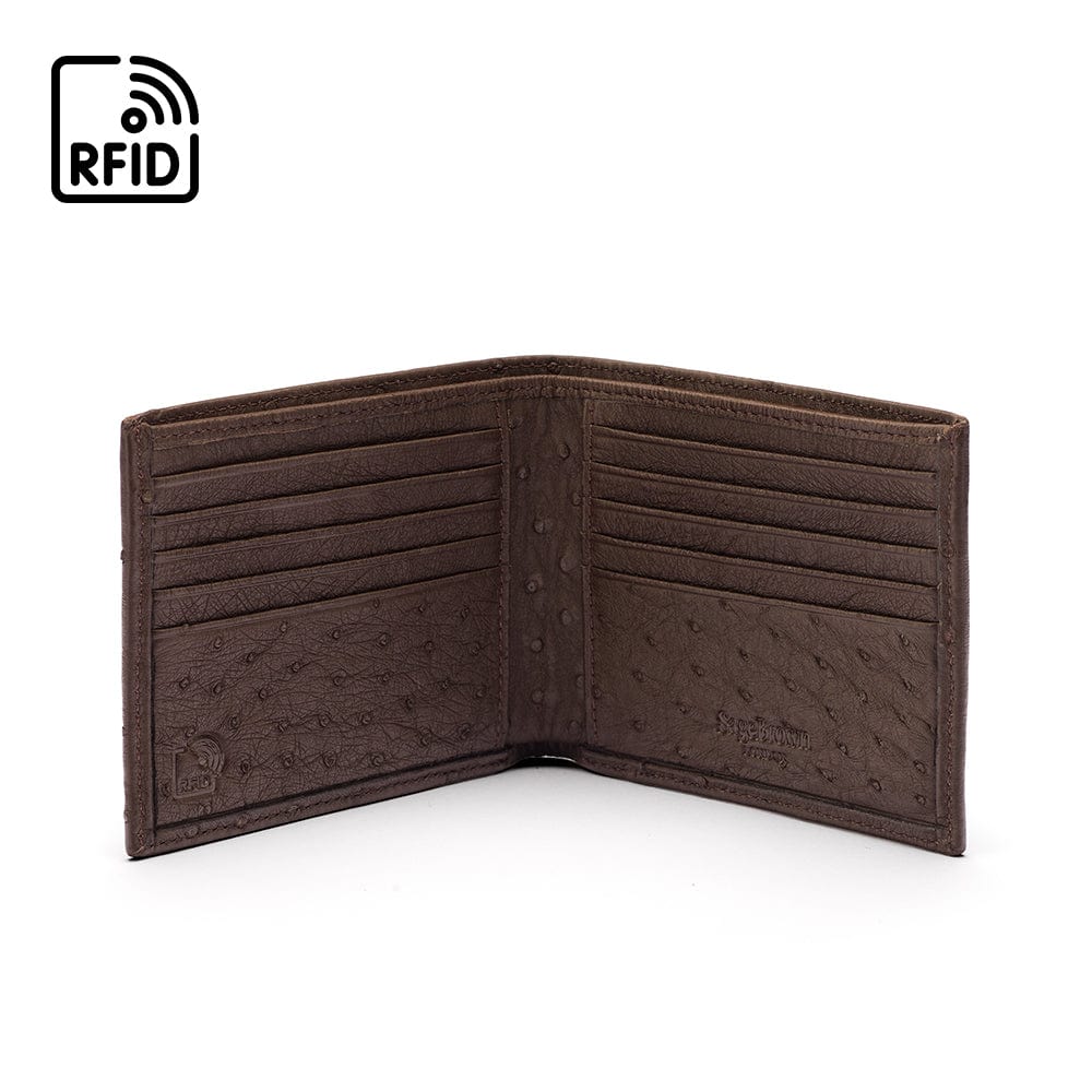 RFID wallet in ostrich leather, brown, open view