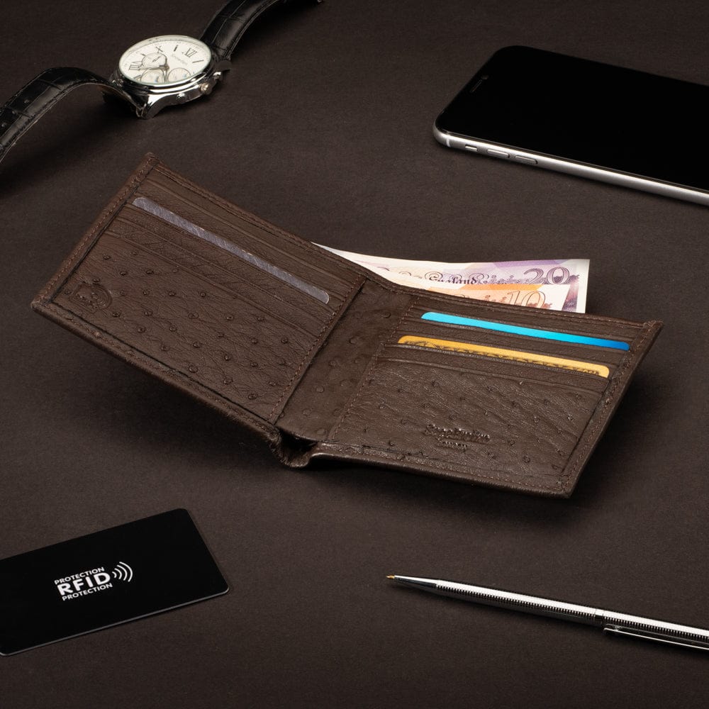 RFID wallet in ostrich leather, brown, lifestyle