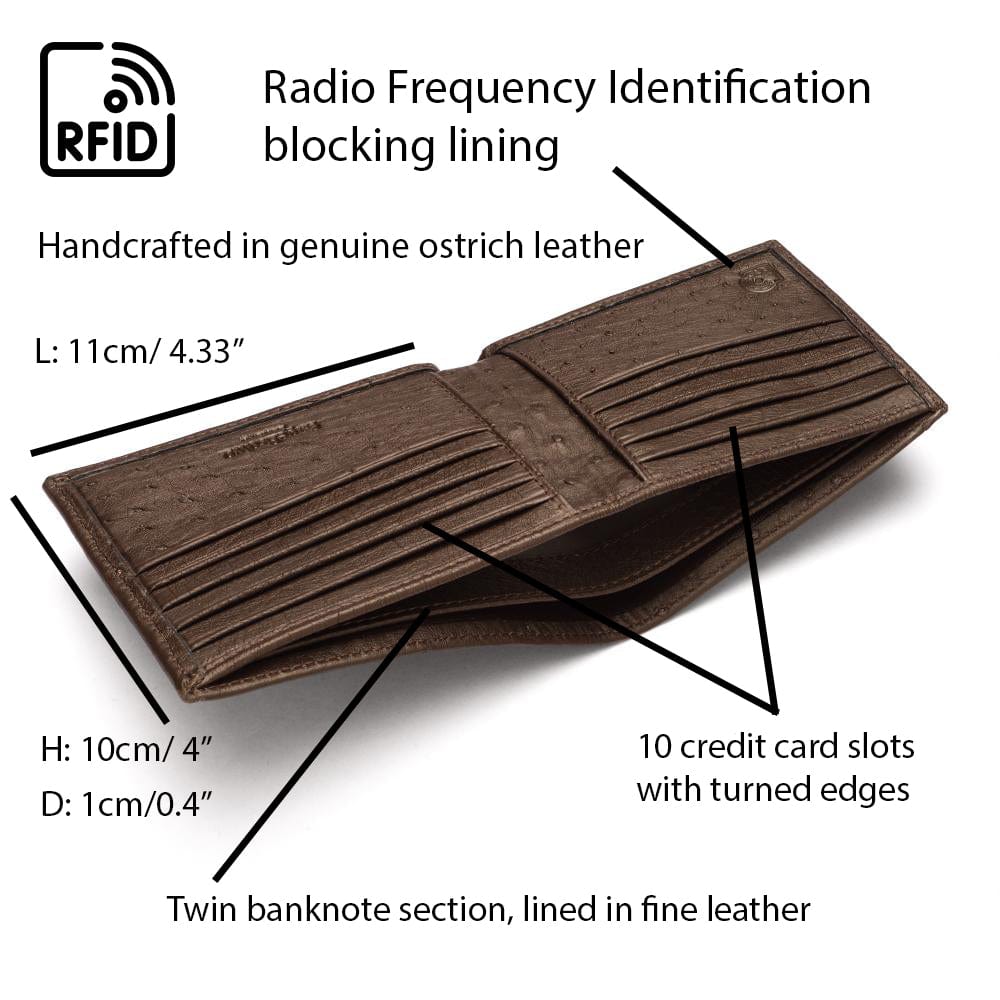 RFID wallet in real ostrich leather, brown, features