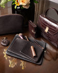 Set of 3 leather makeup bags, brown, lifestyle