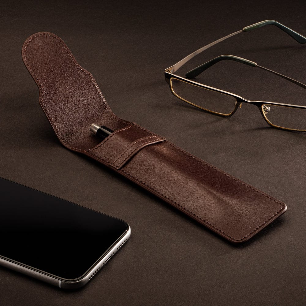 Single leather pen case, brown, lifestyle