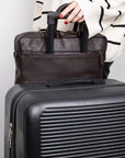 17" slim leather laptop bag, brown, lifestyle