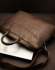 17" slim leather laptop bag, brown, lifestyle