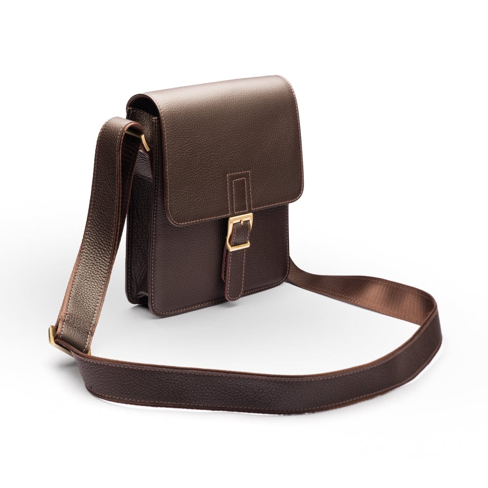 Small leather messenger bag, brown, side