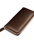 Tall leather zip around accordion purse, brown, front