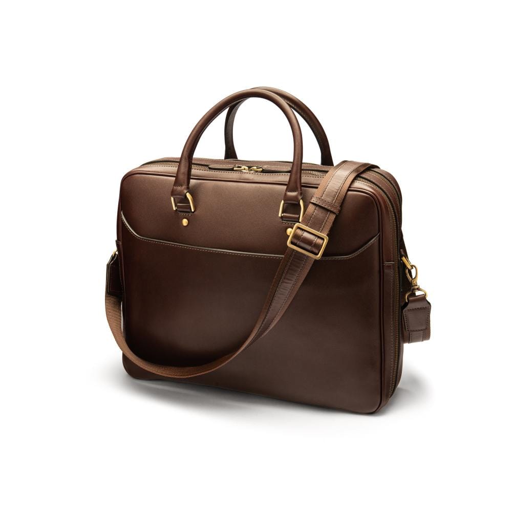 Leather 17" laptop briefcase, brown, with strap
