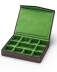 Large Leather Cufflink And Jewellery Box, Brown With Green, inside