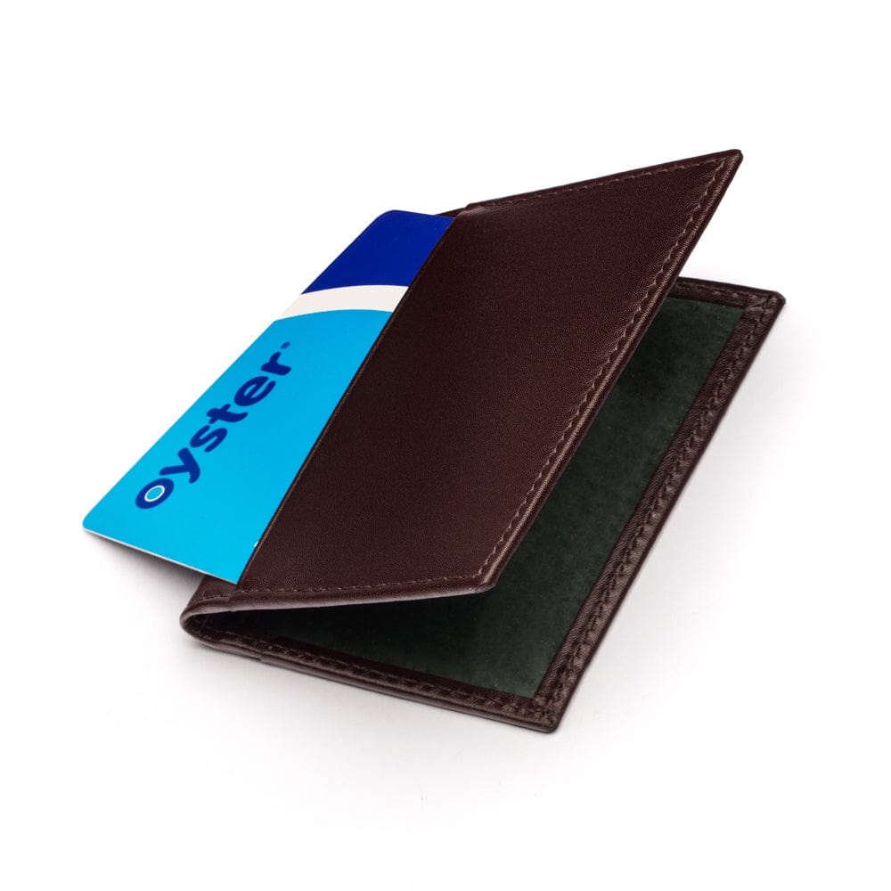 Leather travel card wallet, brown with green, front