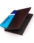 Leather travel card wallet, brown with green, front