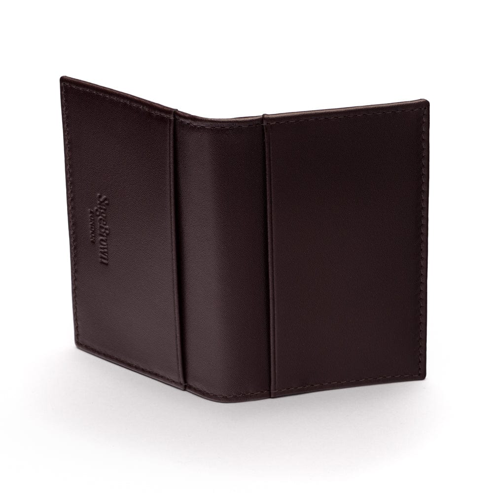 Leather travel card wallet, brown with green, back