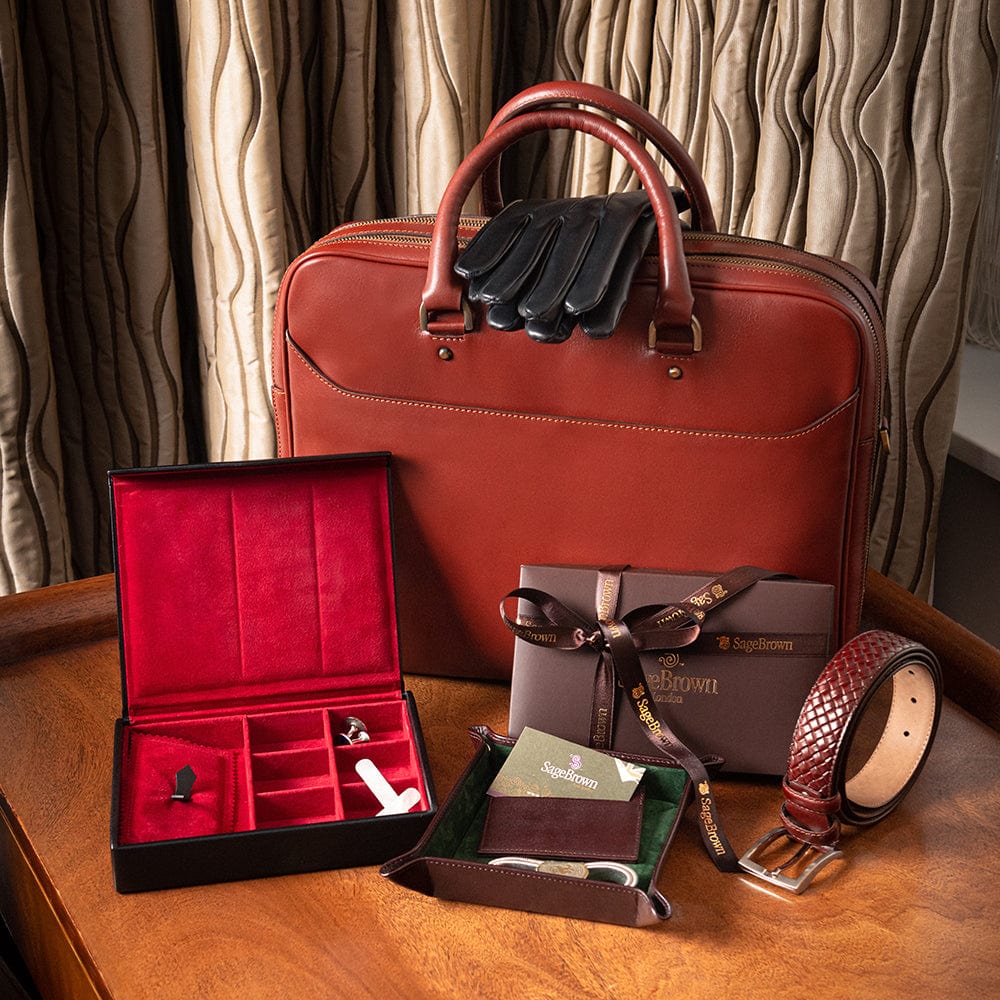 Leather valet tray, brown with green, lifestyle