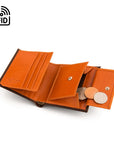 Compact RFID leather wallet with coin purse, brown with orange, open