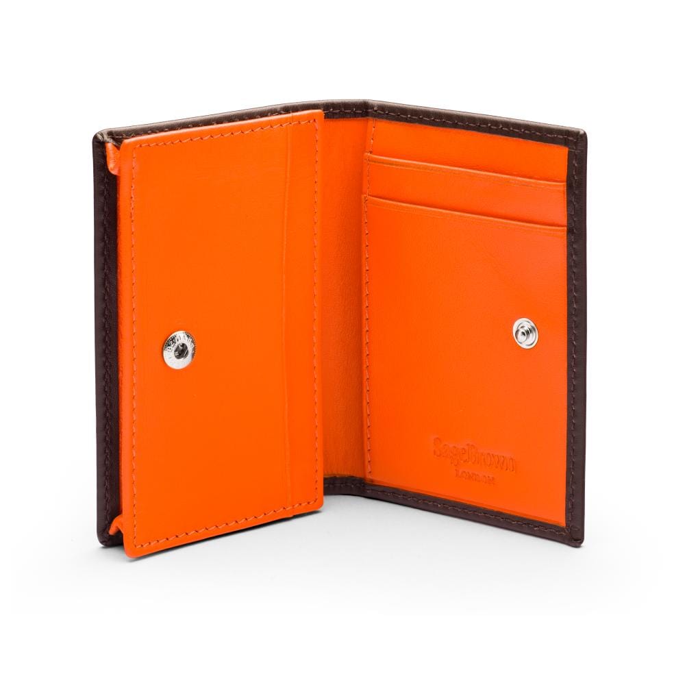 Expandable leather business card holder, brown with orange, open