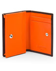 Expandable leather business card holder, brown with orange, open
